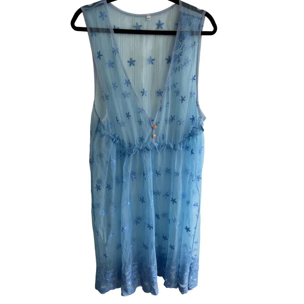 Blue Embroidered Mesh Sheer V-Neck Empire Waist Dress XXL‎ Boho Mermaid Fairy